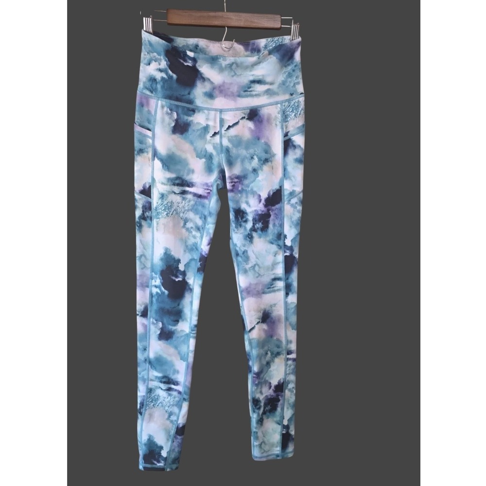 Gaiam Womens High Waisted Yoga Leggings Blue Purple Watercolor Print Pockets S - Picture 8 of 11